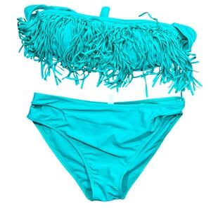 Turquoise Fringe Bandeau Bikini Set Teal Strapless Two Piece Festival Medium